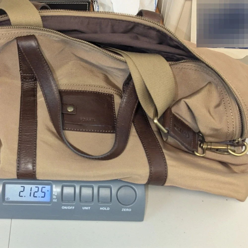 Fossil Duffle Bag Tan Canvas Brown Leather Trim Weekender Travel Luggage Large